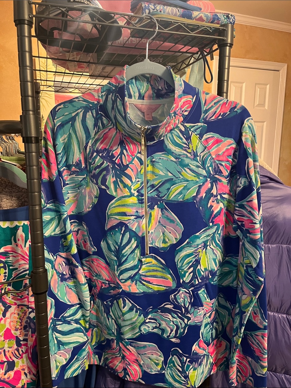 Navy Blue Tropical Leaf Half-Zip Pullover With Leggings